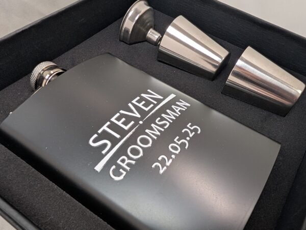 uv dtf example on black hip flask